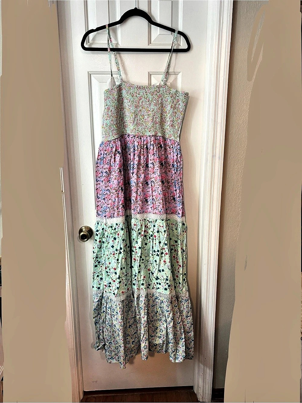 Simply Southern Multi-Floral Tiered Maxi Dress Pink & Green XL